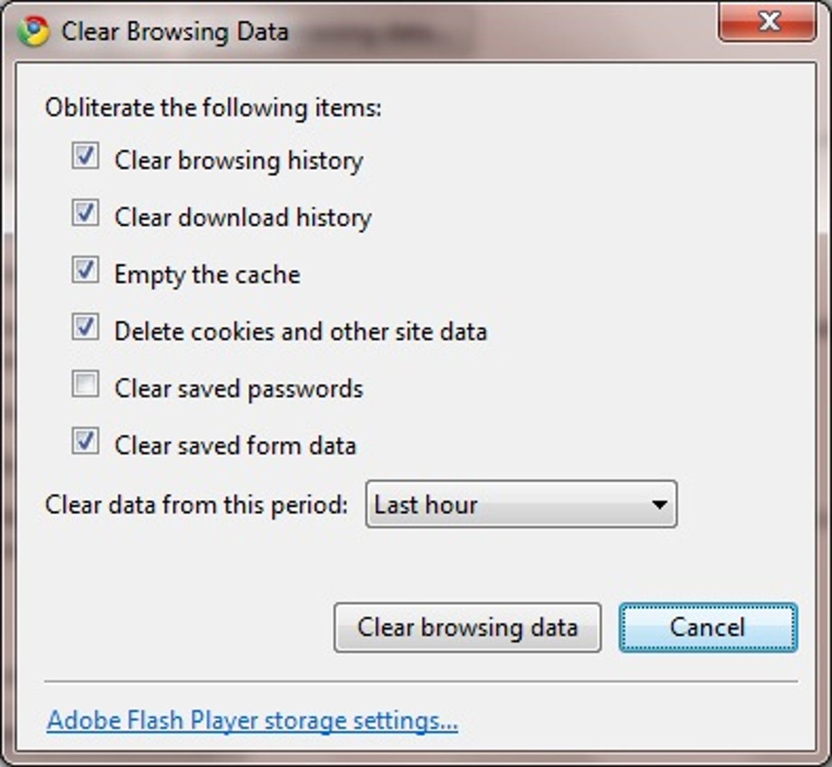 Google Chrome Clear Browsing Data dialog