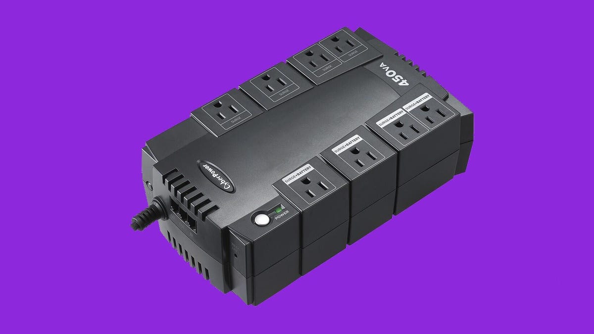 A black CyberPower UPS and power strip against a purple background.