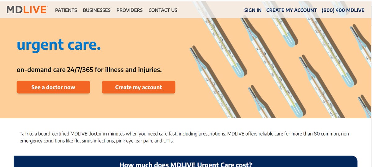 MDLive's urgent care homepage