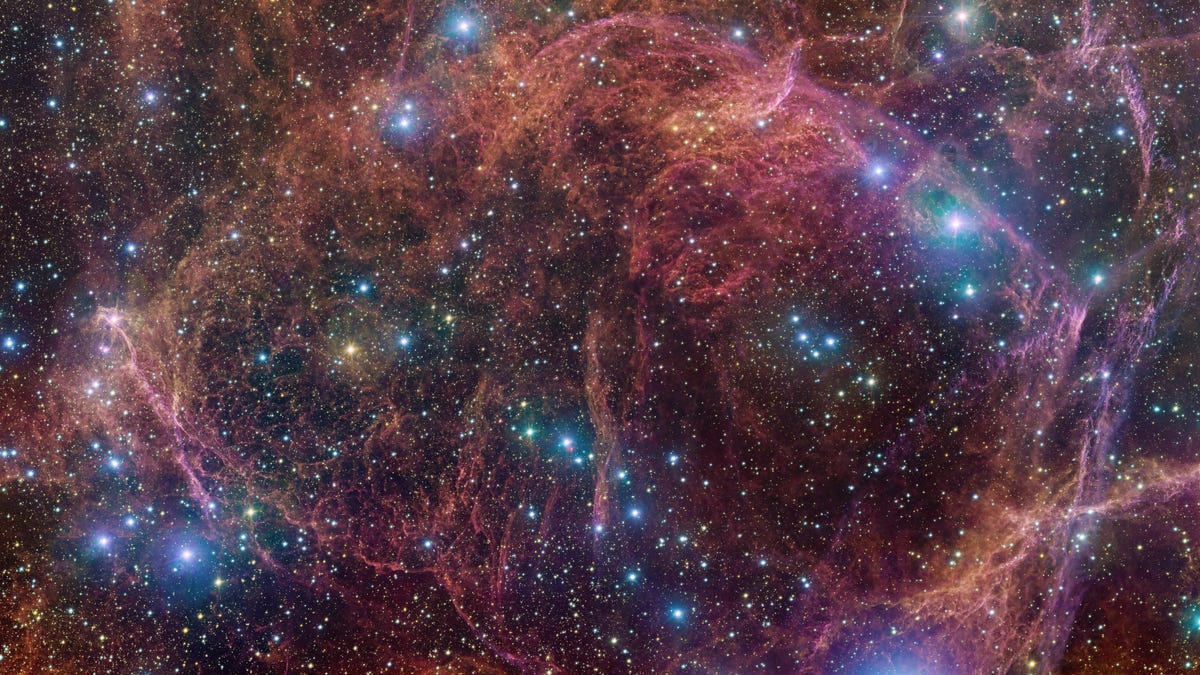 Stringy pinks, oranges and blue spots fill the image to make up a view of the Vela supernova remnant.