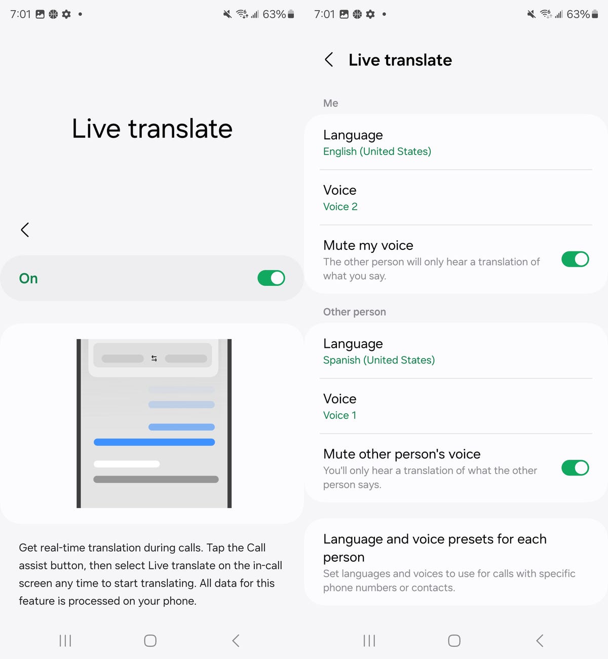 Live translate setting on the Galaxy S24