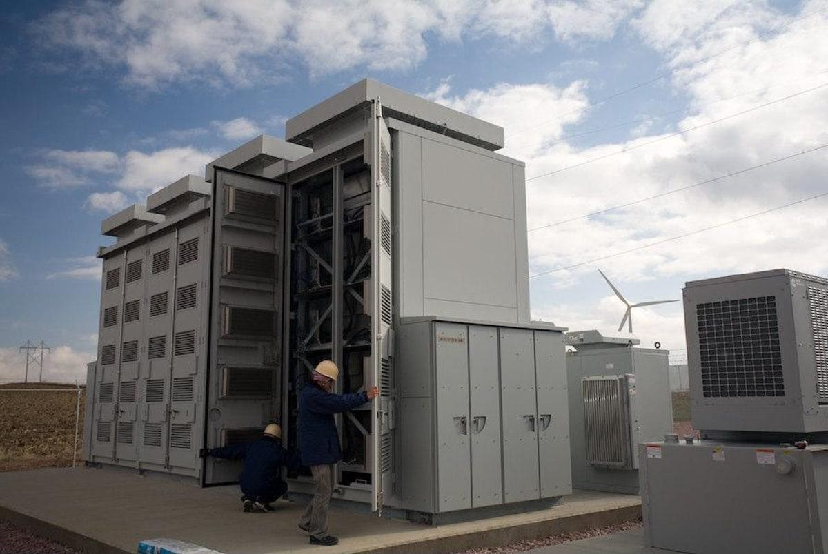 A sodium-sulfur battery tested to buffer energy from a wind farm in Minnesota.