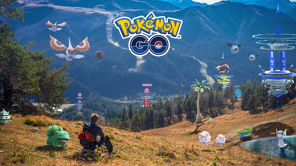 Mountainside and valley with Pokemon and a person gazing at the vista