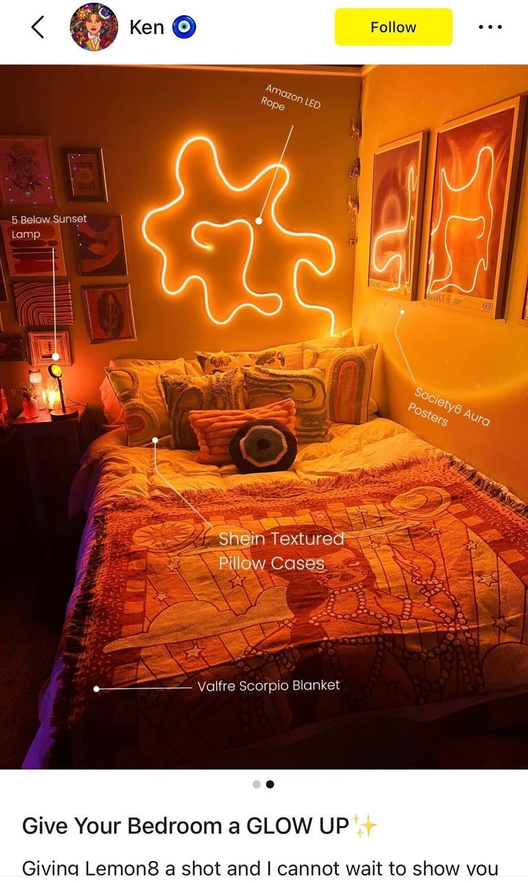 Lemon8 post from user Ken showing a bed with a neon light on one wall and photos hanging on another wall