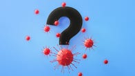 Red virus particles circling a big question mark against a pretty blue background