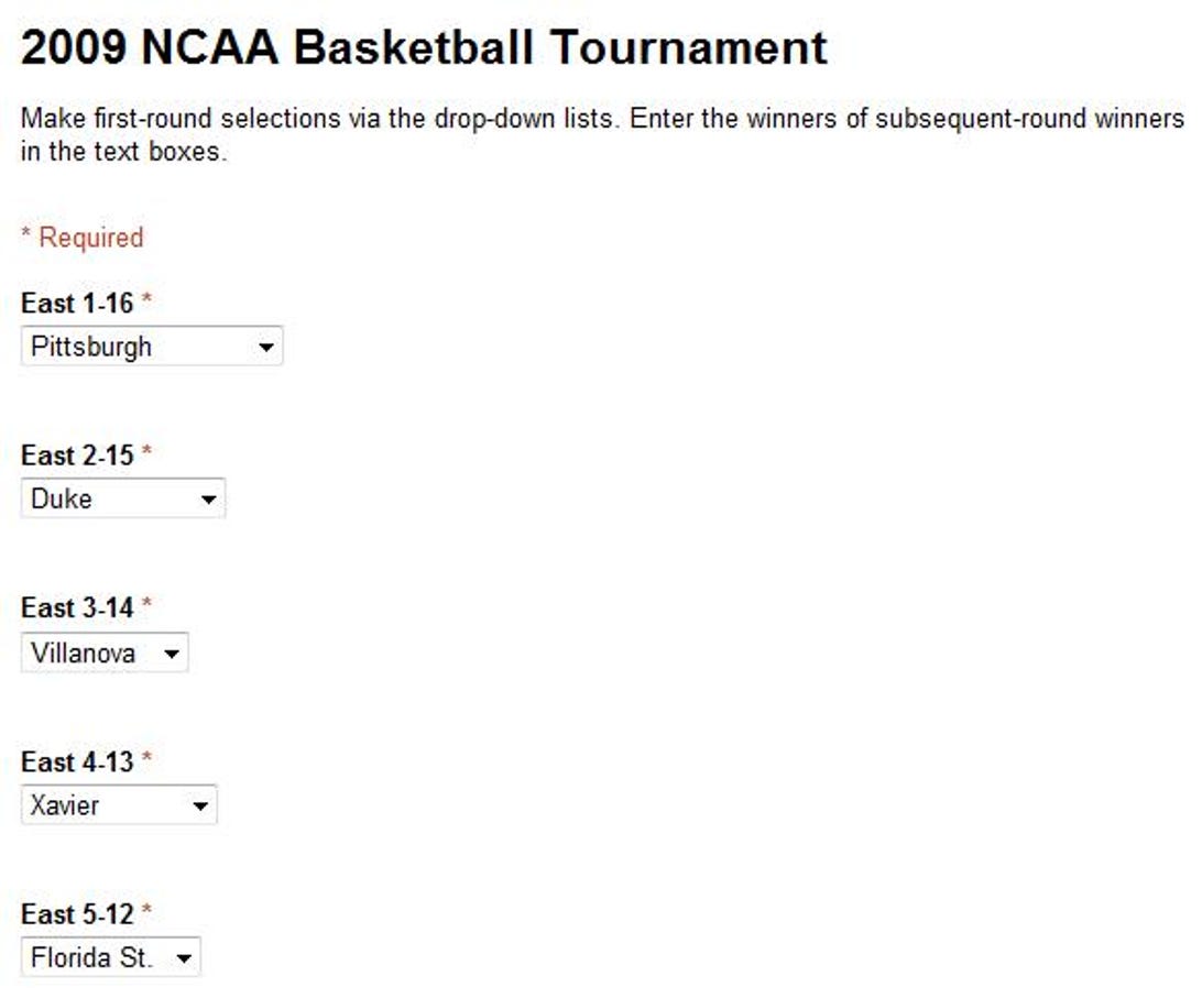 Google Docs and Spreadsheets form for making NCAA basketball selections