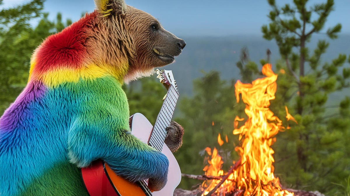 A rainbow bear plays a guitar by a campfire in an image generated by Adobe Firefly&apos;s Image 3 model.