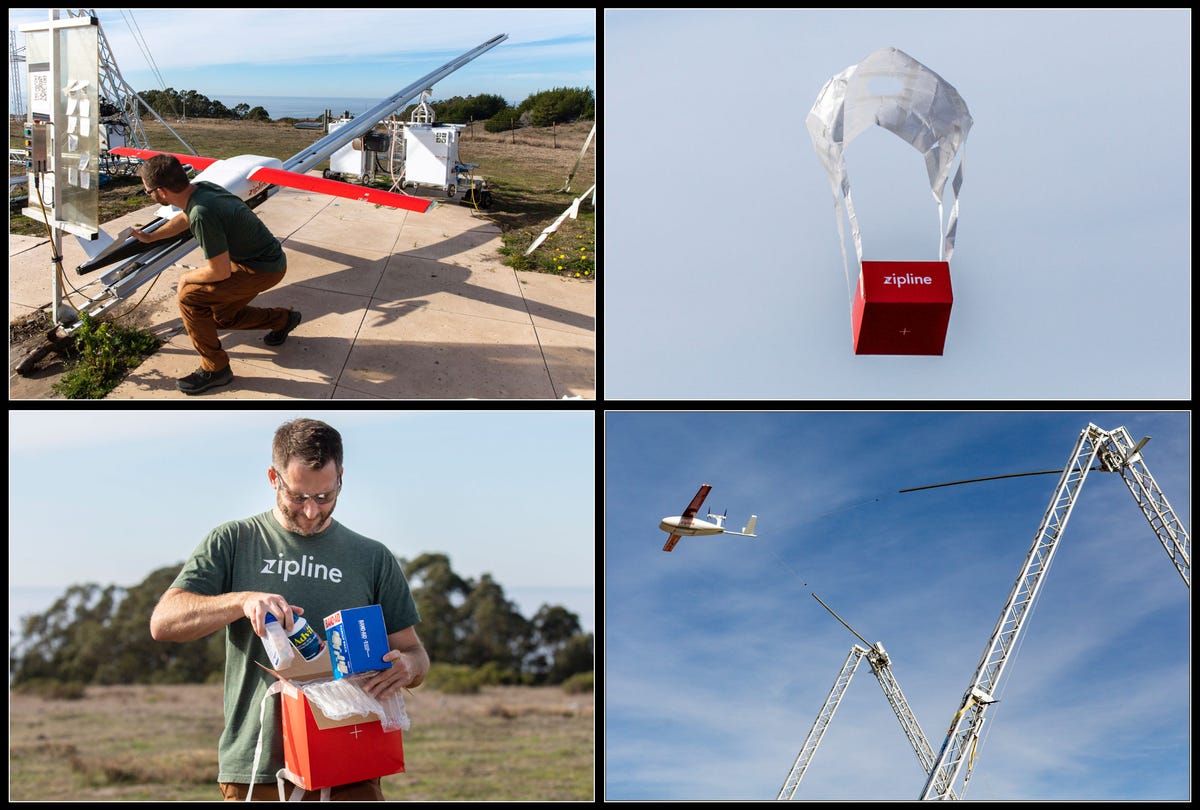 Four photos show how a Zipline drone launches from a catapult, drops its package, and is caught by a cable after it returns to base. An employee unloads a cargo of pharmaceutical products after the package delivery.