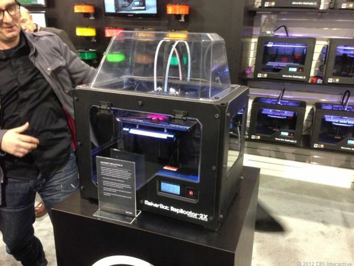 One of the higher-end desktop 3D printers, the MakerBot Replicator 2X.