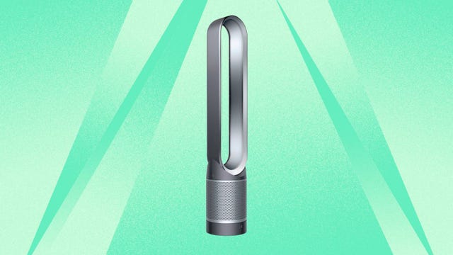 The Dyson Pure Cool TP01 air purifying tower fan is displayed against a mint background.