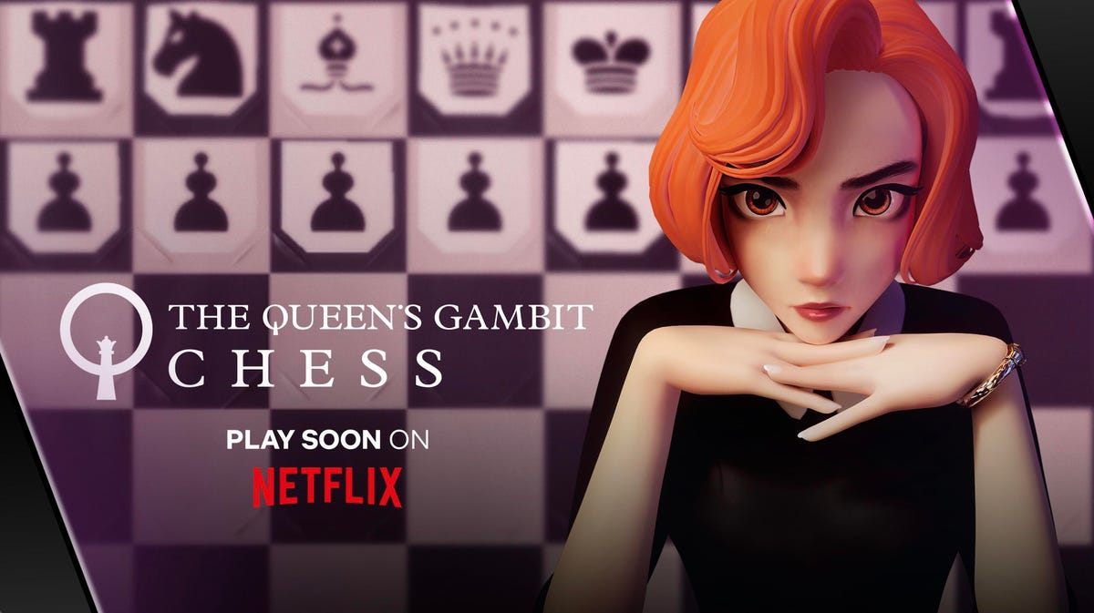The Queen's Gambit Chess title card showing a digital version of the character Beth Harmon