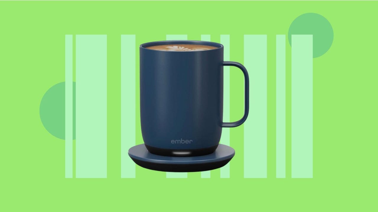 A black Ember smart mug and coaster against a yellow background.