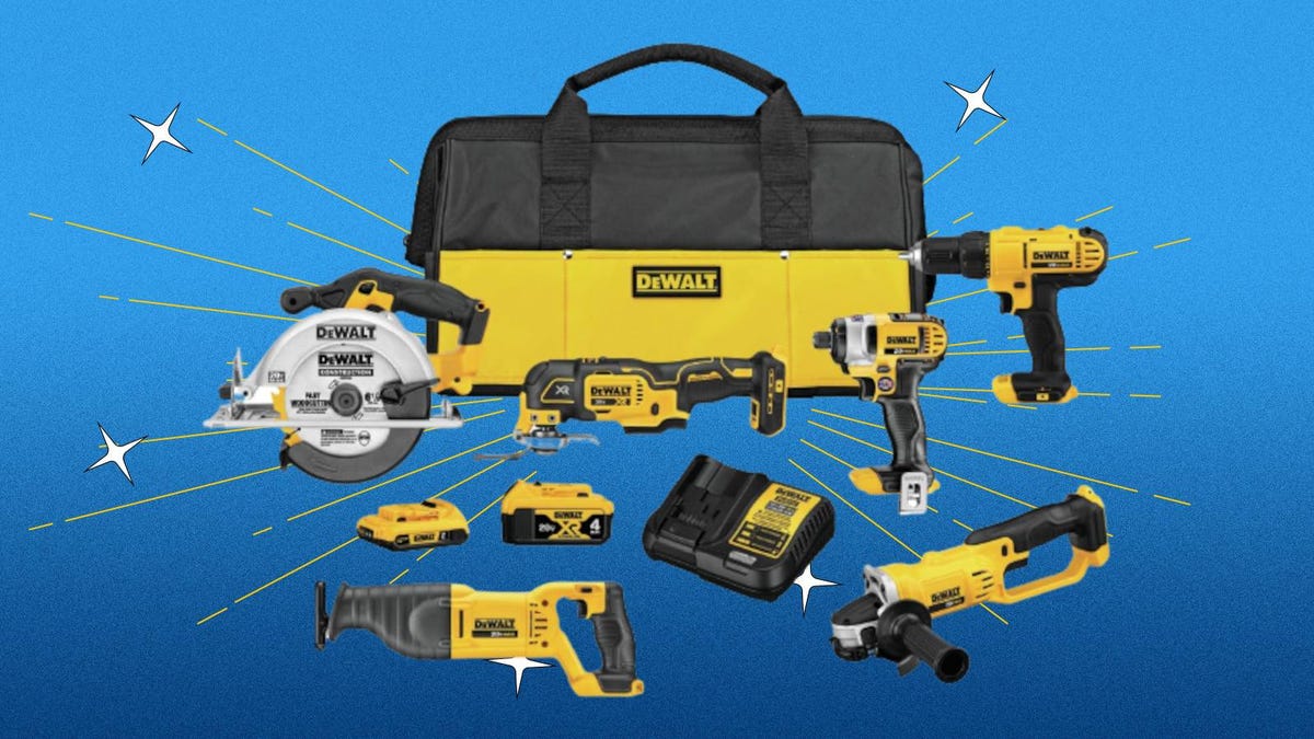 The DeWalt 20V Max Power Tool Combo Kit is displayed against a blue background.