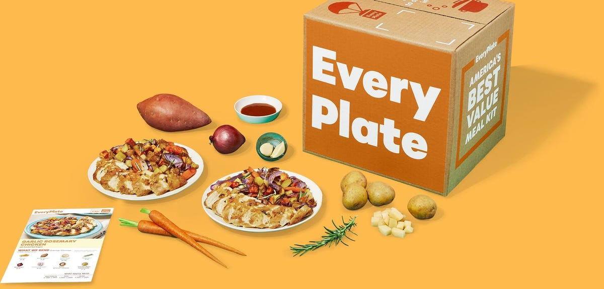 EveryPlate box with sample meals and ingredients