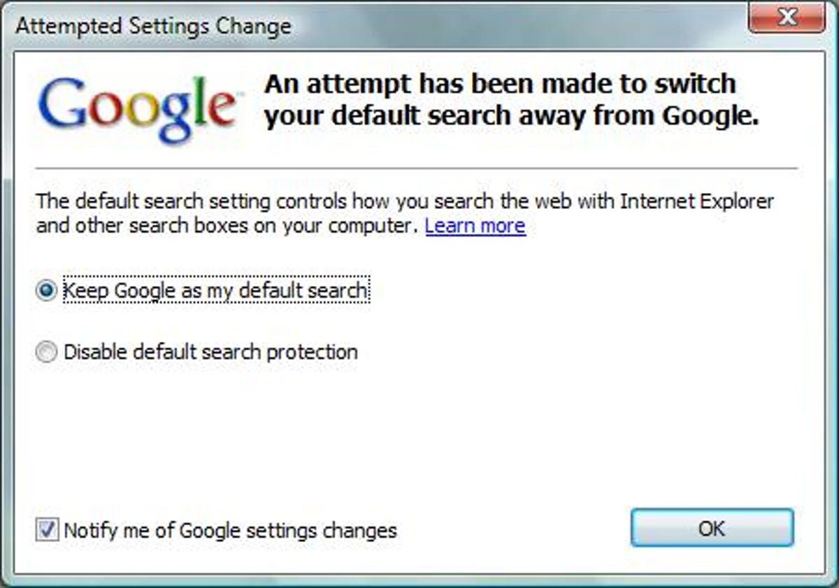 Google Toolbar Attempted Settings Change dialog