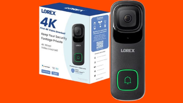 The Lorex doorbell and packaging shown against a red background.