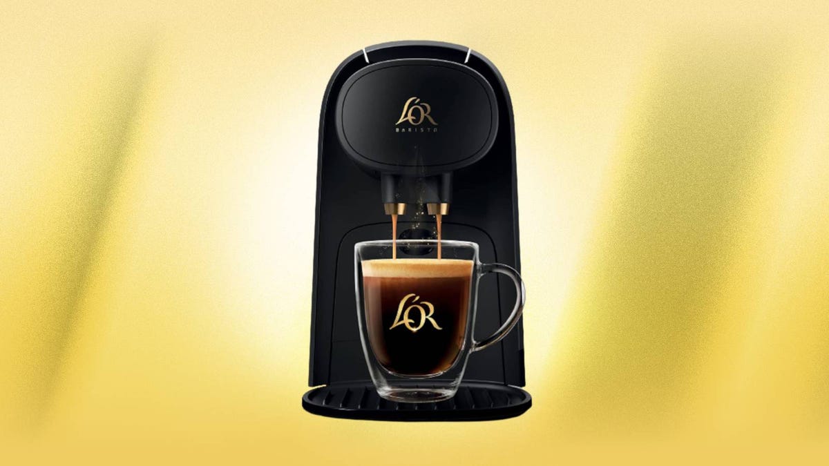 The L&apos;OR Barista System Coffee and Espresso machine is displayed against a yellow background.