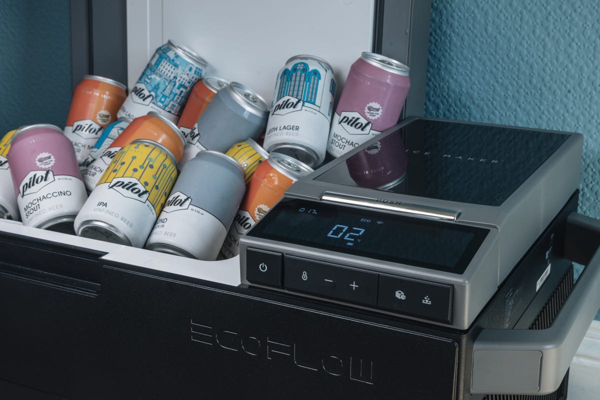 The EcoFlow's control panel, with a number of beer cans flowing out of the cooling compartment.