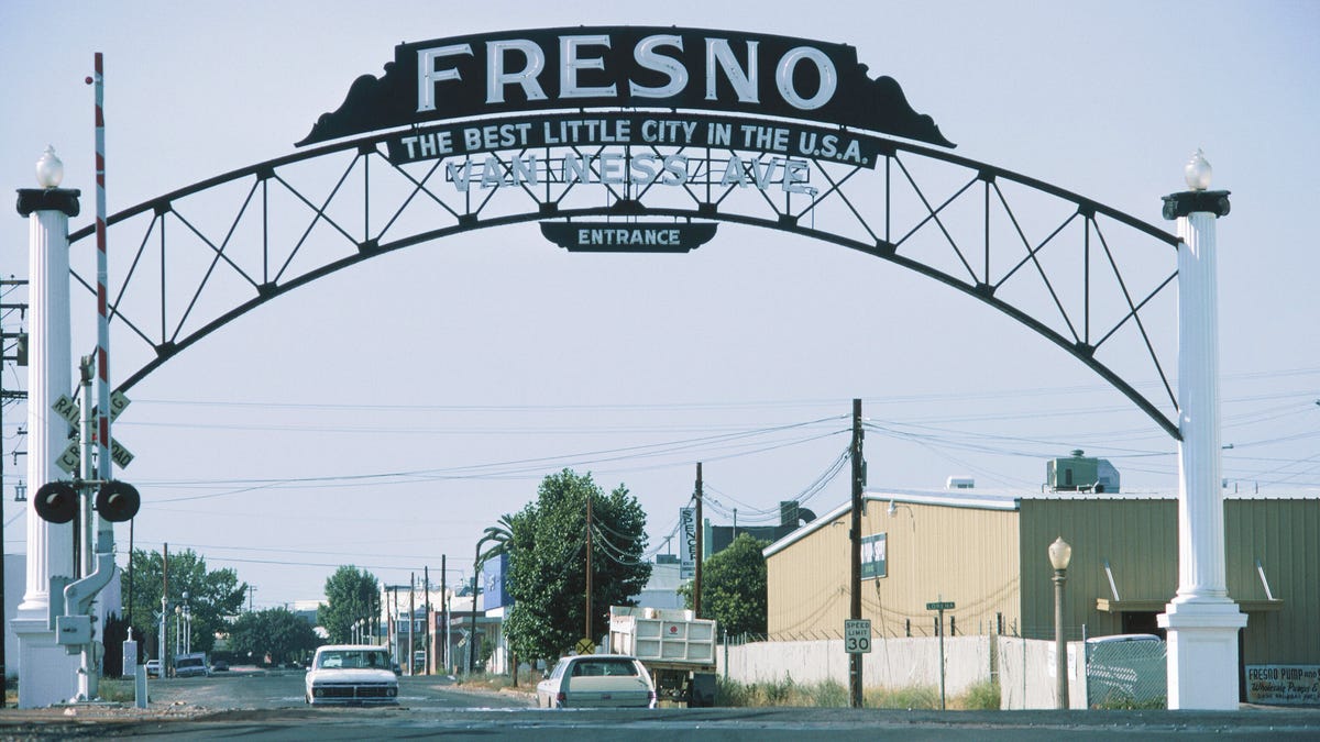 A sign in Fresno that says &apos;Fresno, the Best Little City in the USA&apos;