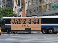 <p>In this photo taken June 26, 2017, a New York City bus with an advertisement for Jay-Z's anticipated new album "4:44" turns a corner in midtown New York City.  Earlier this week, Jay-Z announced that official listening parties will take place across the US on June 29. Guest hosts will play the album in specific Sprint stores located in New York, Los Angeles, Atlanta, and more ahead of its June 30 release. / AFP PHOTO / TIMOTHY A. CLARY        (Photo credit should read TIMOTHY A. CLARY/AFP/Getty Images)</p>