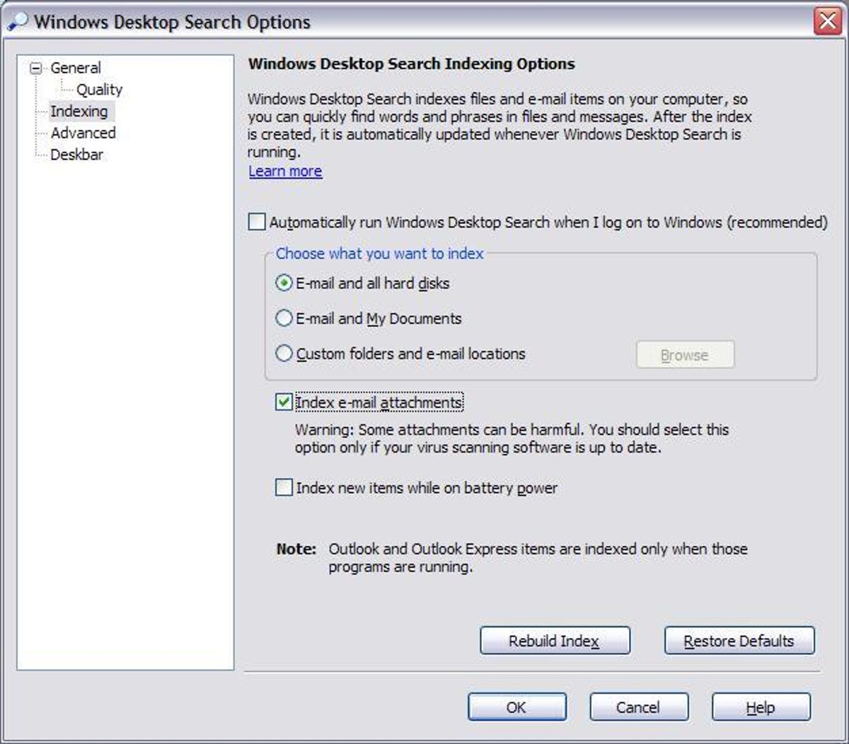 Windows Desktop Search's Indexing Options dialog box