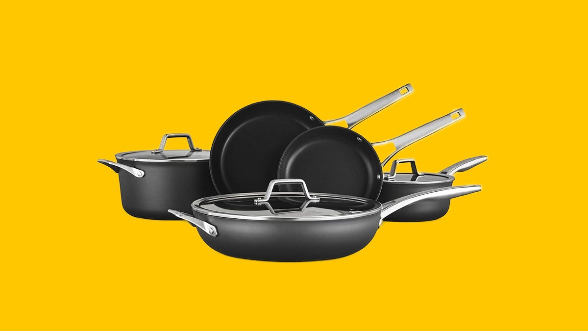 Calphalon 8 piece pots and pans on a yellow background