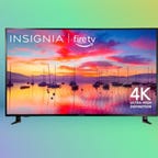 Insignia 55-inch 4K Fire TV with boats in sunsent wallpaper against purple/green gradient