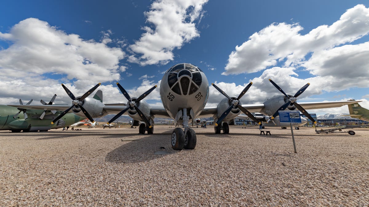 A head-on view of a B-29 bomber.