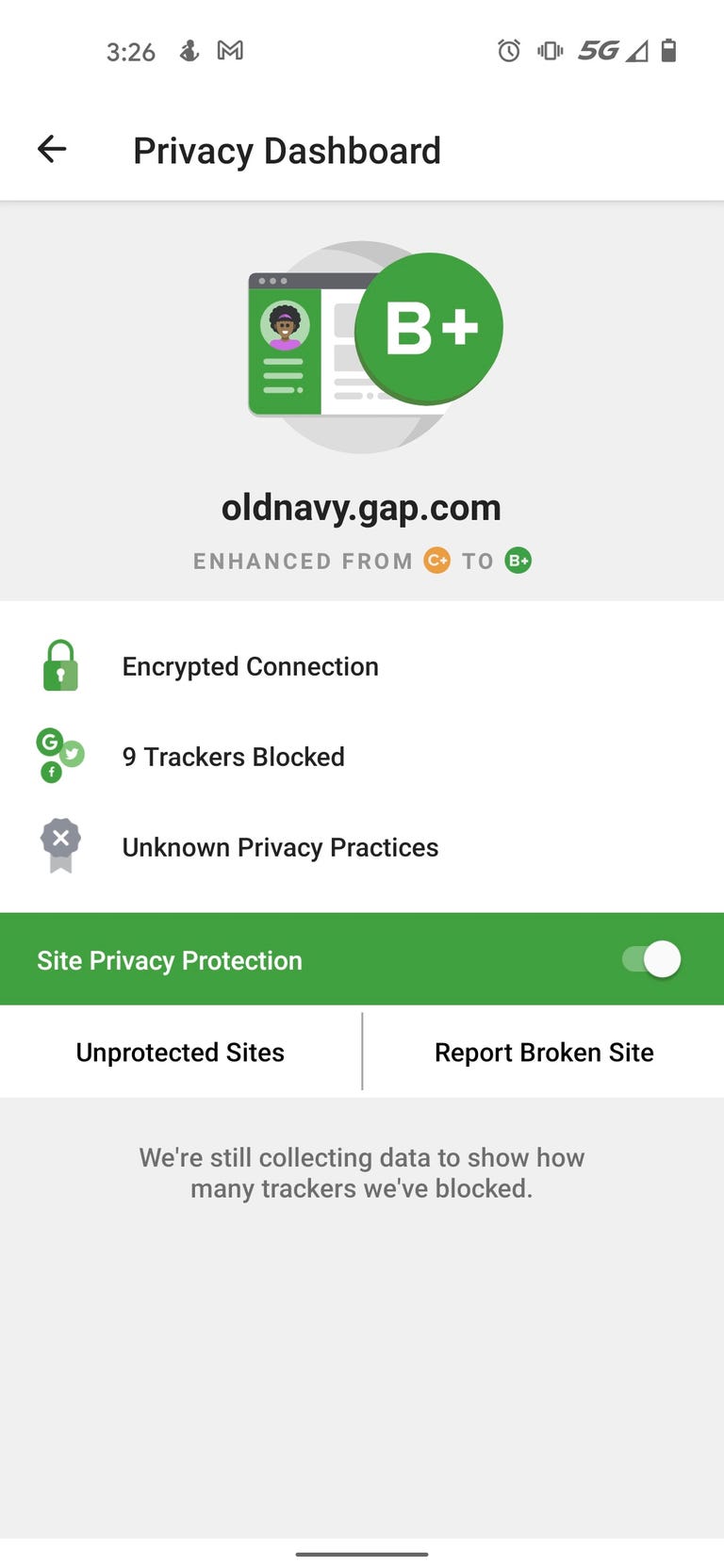 screenshot of Old Navy website with a B+ privacy rating from DuckDuckGo