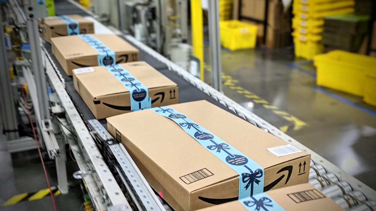 Boxes at an Amazon fulfillment center