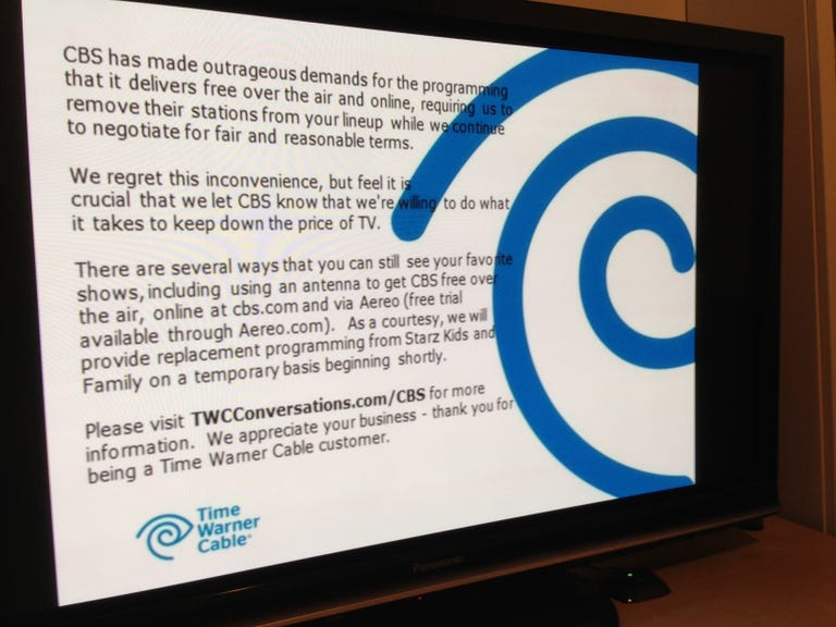 A TV screen from TWC tells subscriber other ways to get CBS