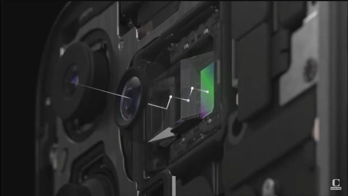 نظرة من داخل الهاتف على مجموعة كاميرا iPhone 15 Pro Max تظهر الضوء الذي يدخل من خلال العدسة وينعكس أربع مرات من خلال المنشور.