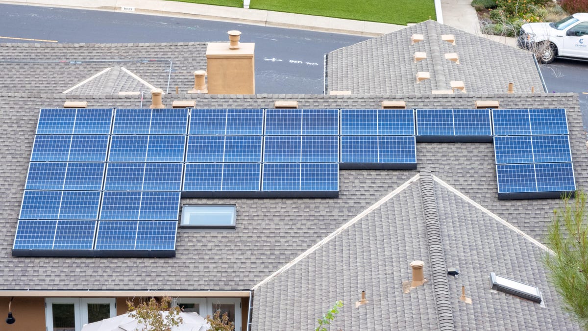 Solar panels arrayed across the gray shingle roof of a suburban house