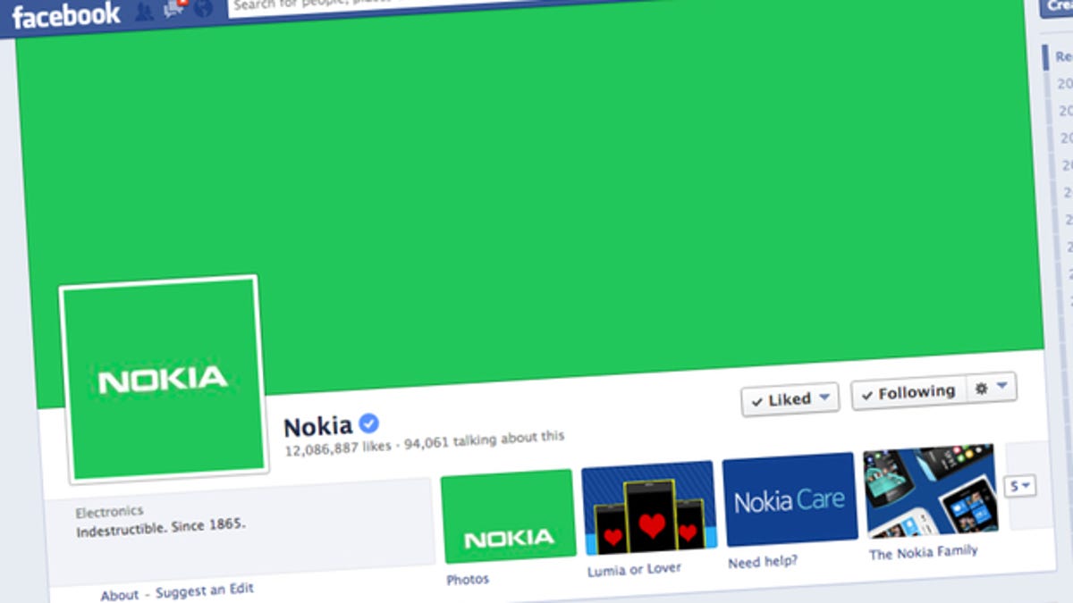 Nokia Facebook page in green