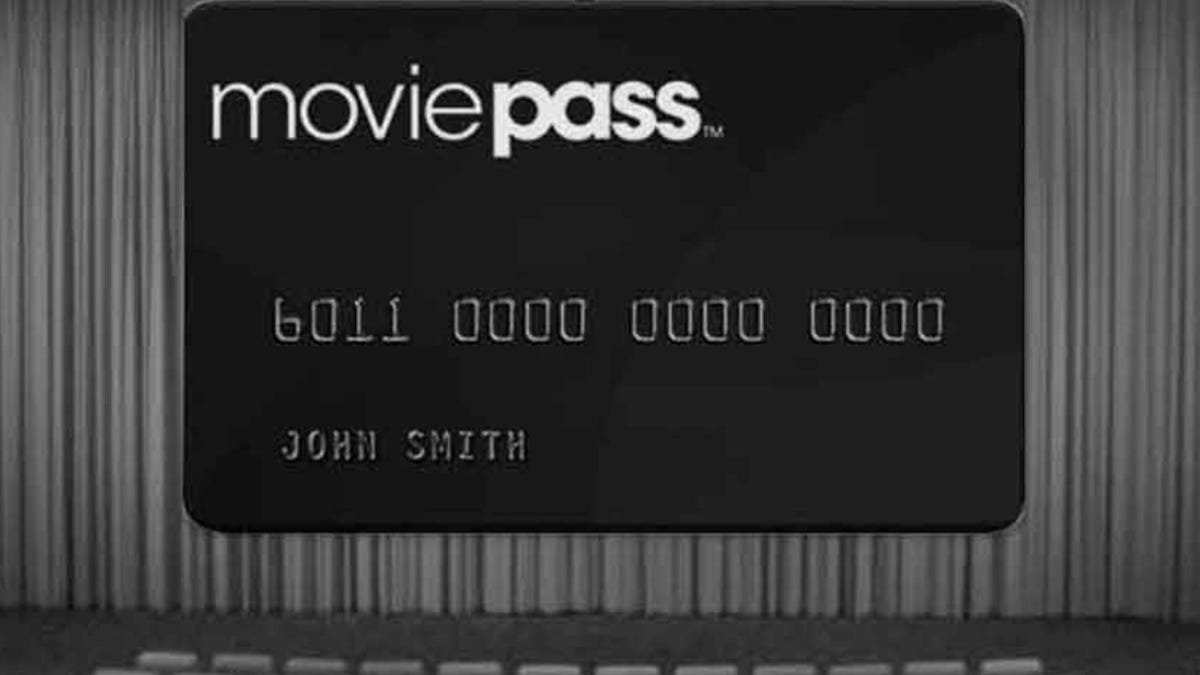 moviepass membership card in place of the screen in a movie theater.