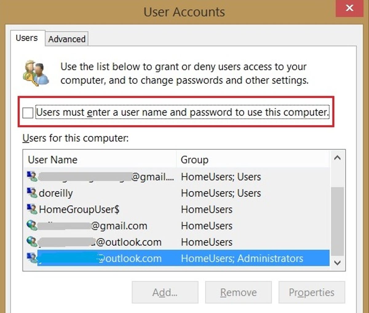 Windows 8.1 User Accounts dialog box