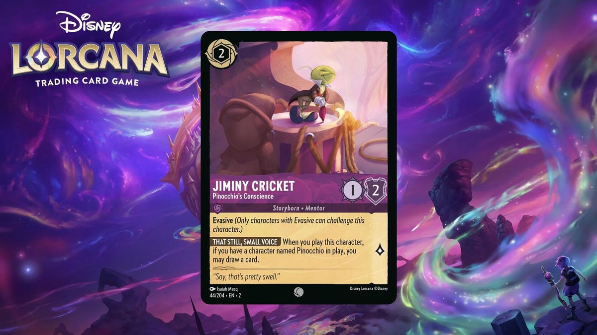 Jiminy Cricket Lorcana card on a fantasy background