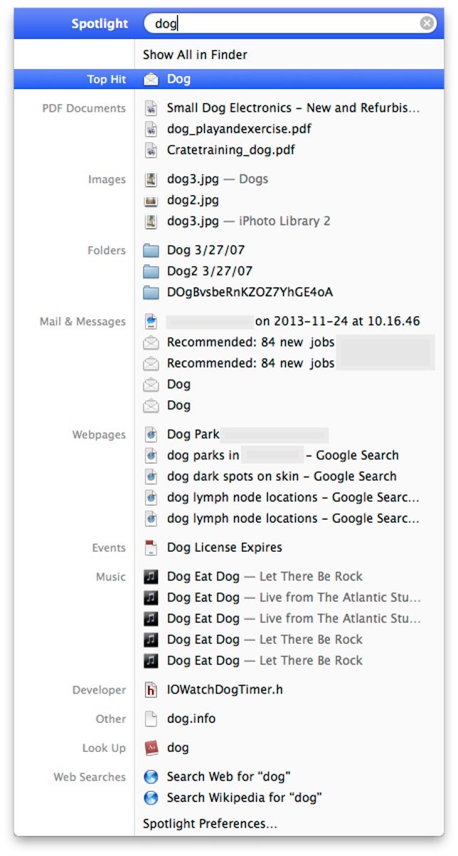 Spotlight search results in OS X