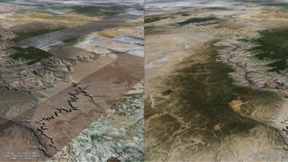 Google Earth 6.2 smooths over visually distracting patchworks, left, for a more realistic view of the planet.