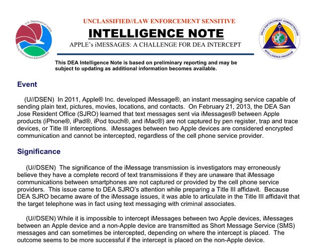 Excerpt from an iMessage "Intelligence Note" prepared by the Drug Enforcement Administration and obtained by CNET.