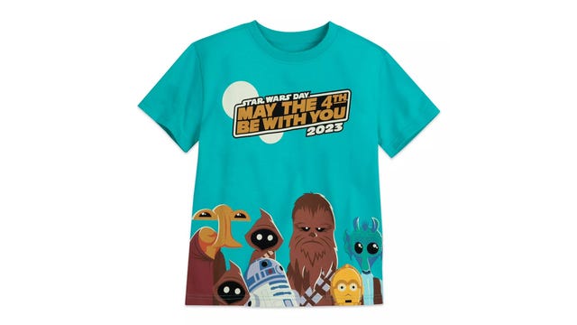 Turquoise tee with star wars characters on it