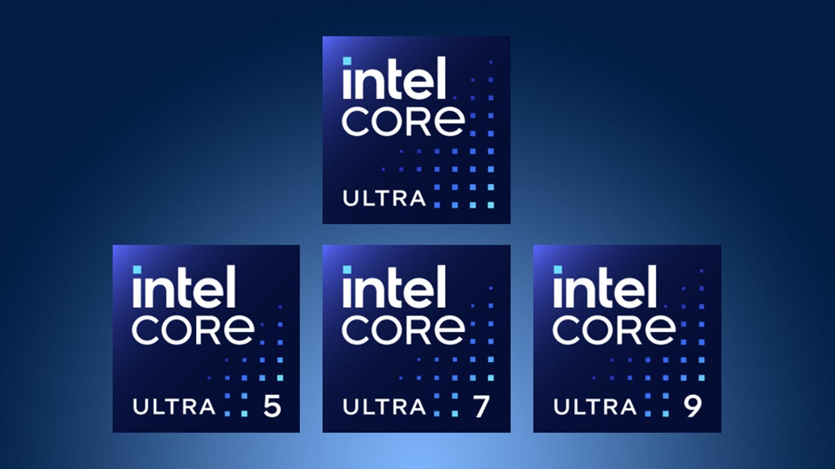 Renderings of the Ultra processor branding, with the words Intel Core Ultra in white plus numerical designations on stylized blue squares