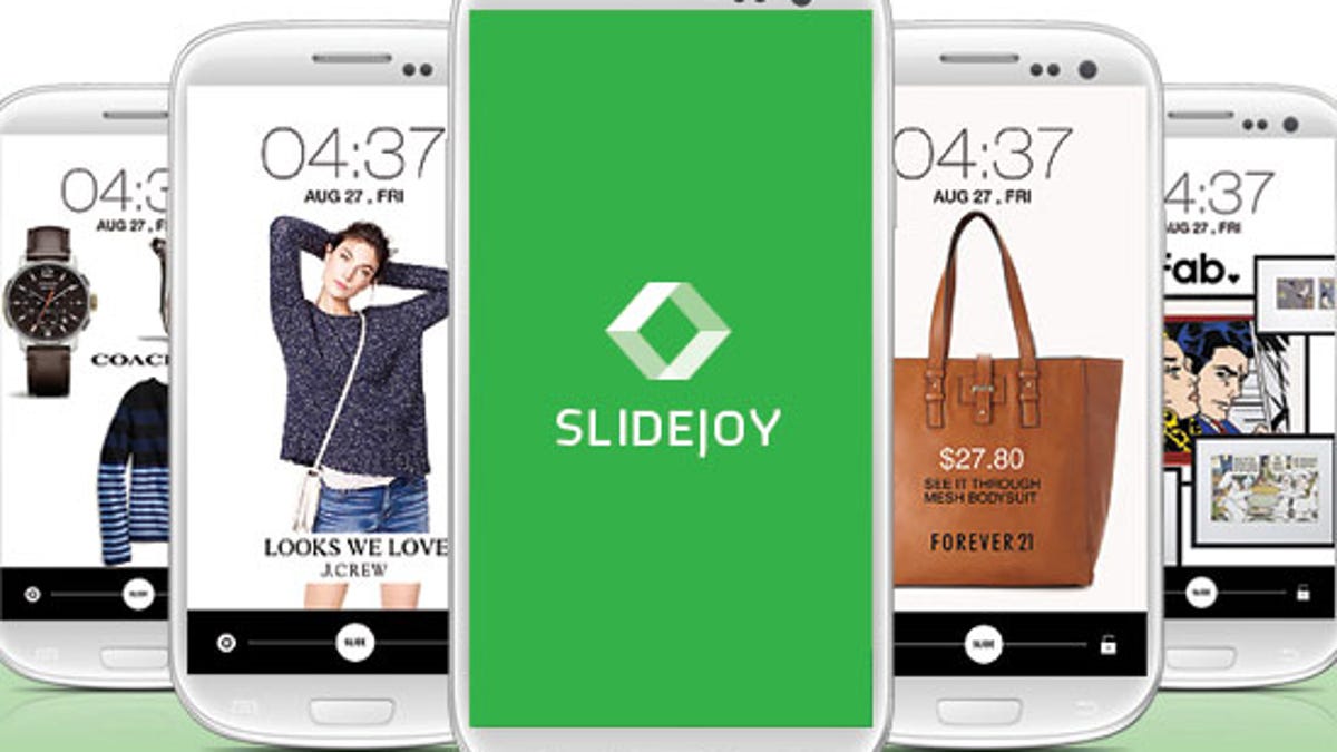 Slidejoy show ads on an Android phone's lock screen. Sliding the ad to the right ignores it, and sliding it to the left triggers further engagement such as opening up a Web page.