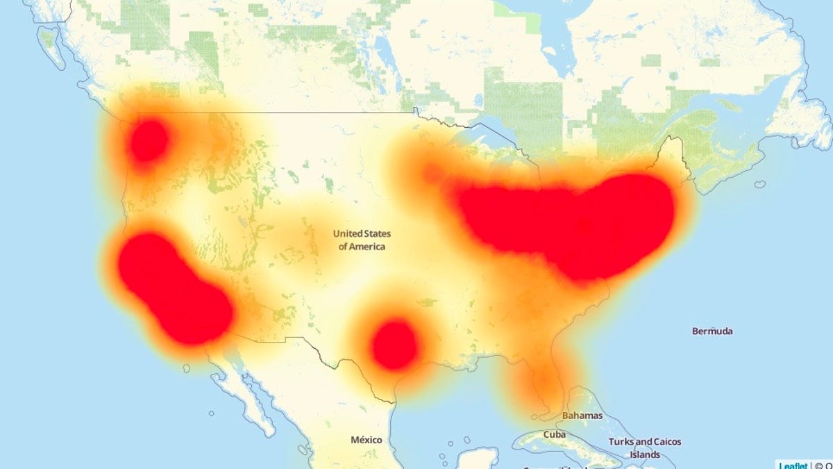 A map of the internet outage as it affected website access in the US at 11:30 a.m. Pacific Time on Friday.