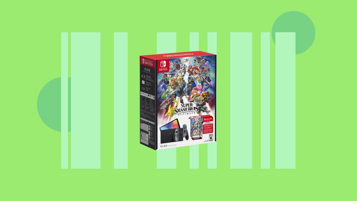 the box for the video game Super Smash Bros. Ultimate on a green background