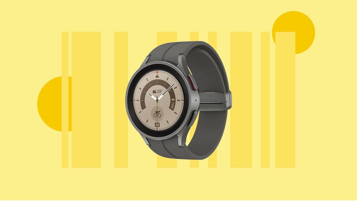 A Galaxy Watch 5 Pro smartwatch against a yellow background.