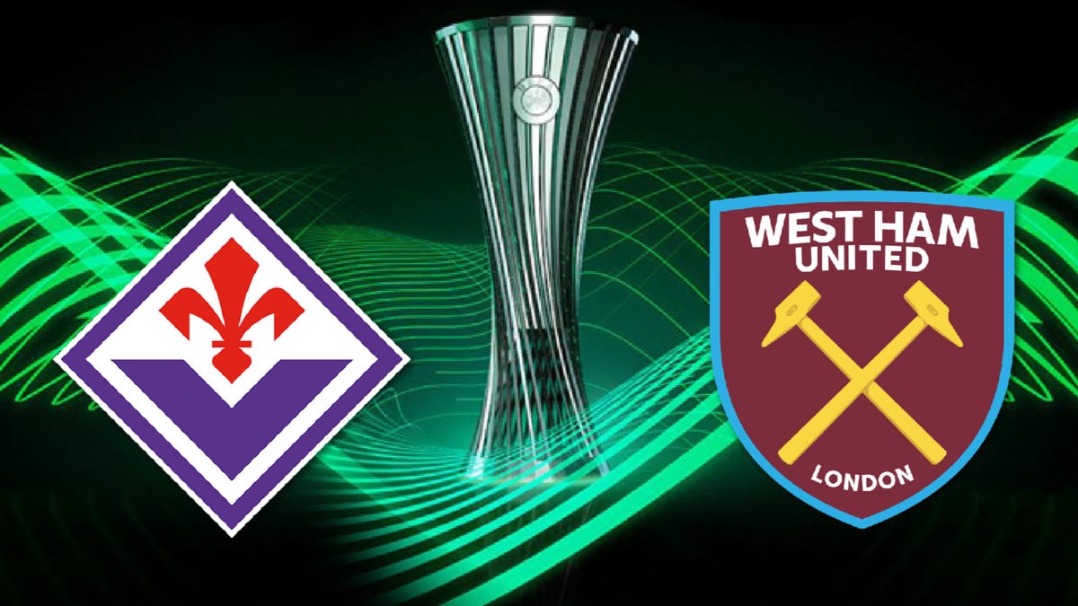 Composite image of Fiorentina and West Ham United football club badges either side of the Europa Conference League trophy