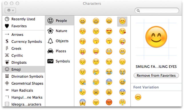 Emoticons in the OS X Character Viewer panel