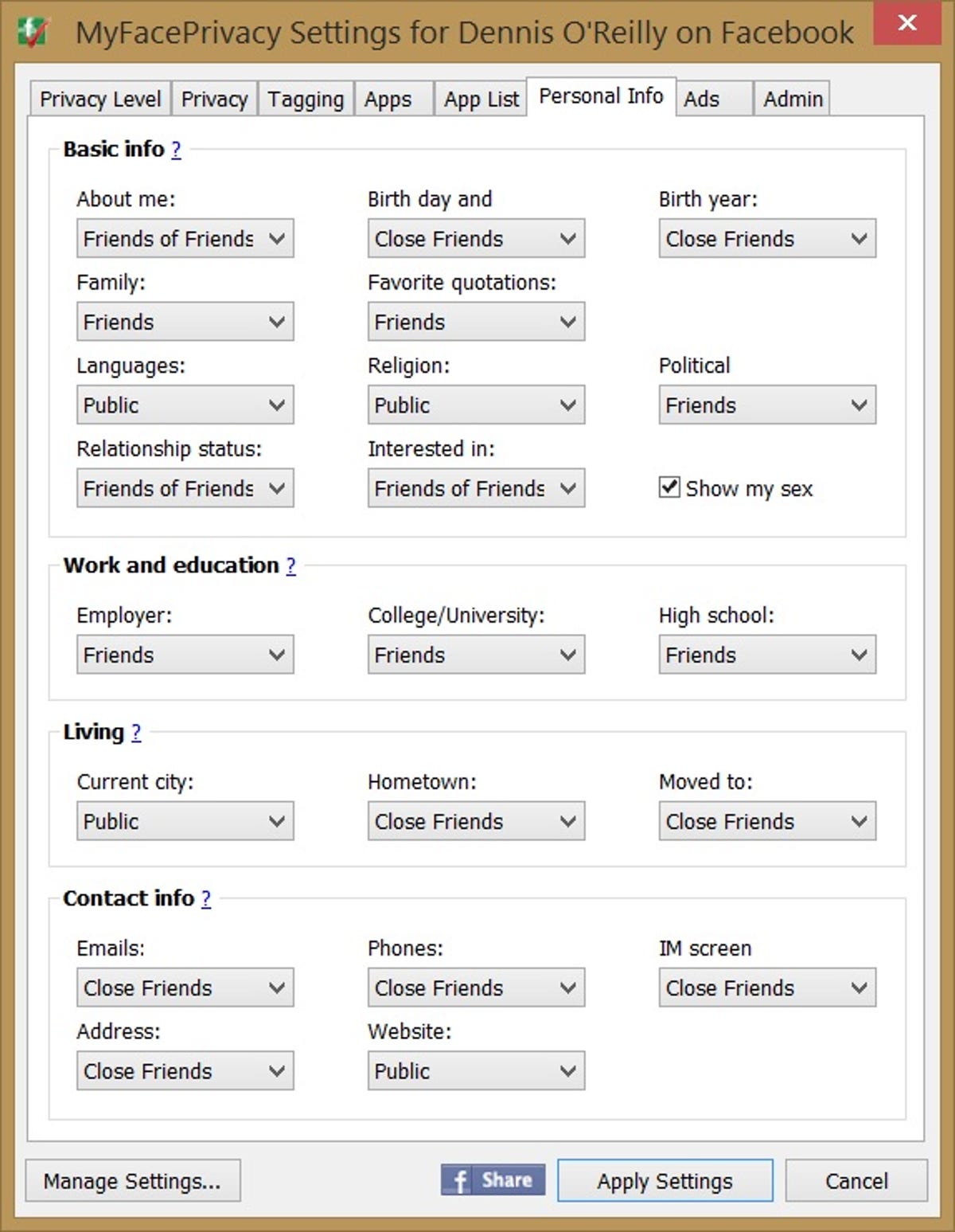 MyFacePrivacy Personal Info settings
