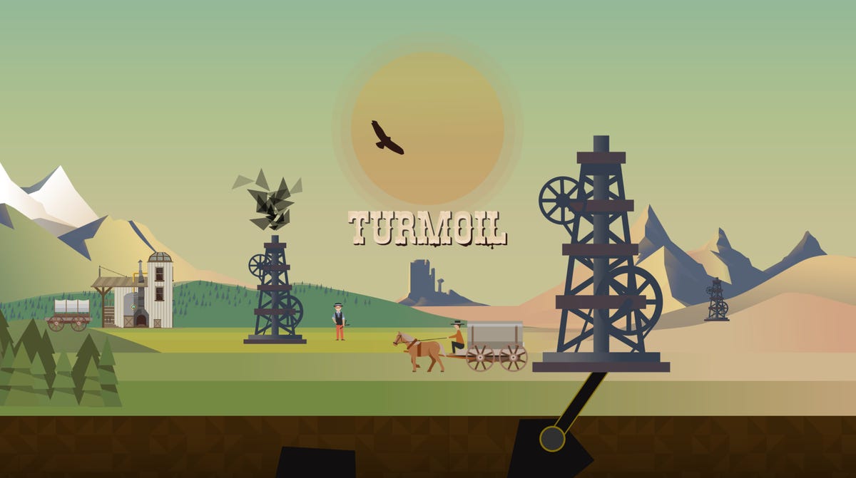 Turmoil Plus logo showing oil rigs and a horse drawn wagon